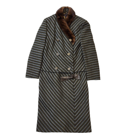 70s Vintage Koupy Grey & Brown Striped Jacket & Dress Women's Size 14 Eu 42