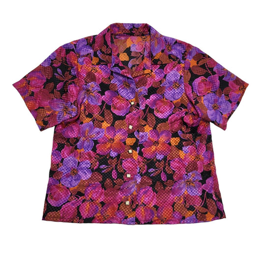 Vintage 80s Purple Pink Brown floral Collared Shirt Blouse Women's Uk XL 14