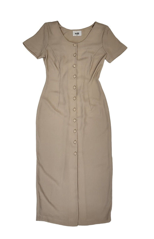 Wallis 90s Vintage Beige Buttoned Daywear Midi Dress Women's Size 10