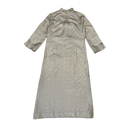 70s Vintage Beige & Silver Stitched Paisley Maxi Dress Women's Size 14