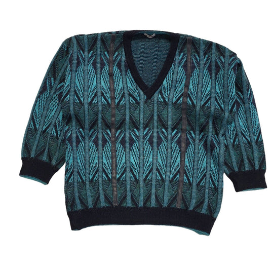 Gabicci Vintage 80s Blue Geometric V-Neck Jumper Men's UK L