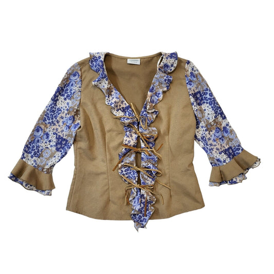 Canda 90s Vintage Brown & Blue Tie Front Ruffle Blouse Women's 12