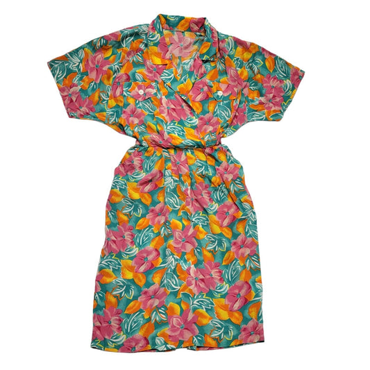 80s Vintage Pink Green Wrap Top Floral Daywear Pleat Dress Women's Size 14