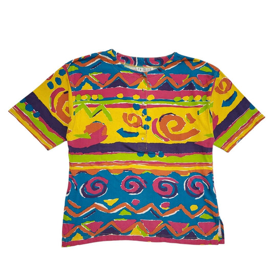 Together Vintage 90s Multicoloured Henley Short Sleeve T-Shirt Womens UK 16/18