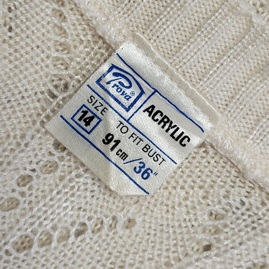 Vintage 80s White Open Front Acrylic Cardigan Uk Women's Size 14