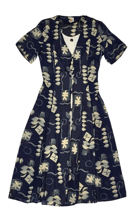 90s Vintage Blue Leaf Print Buttoned Daywear Midi Dress Women's Size S