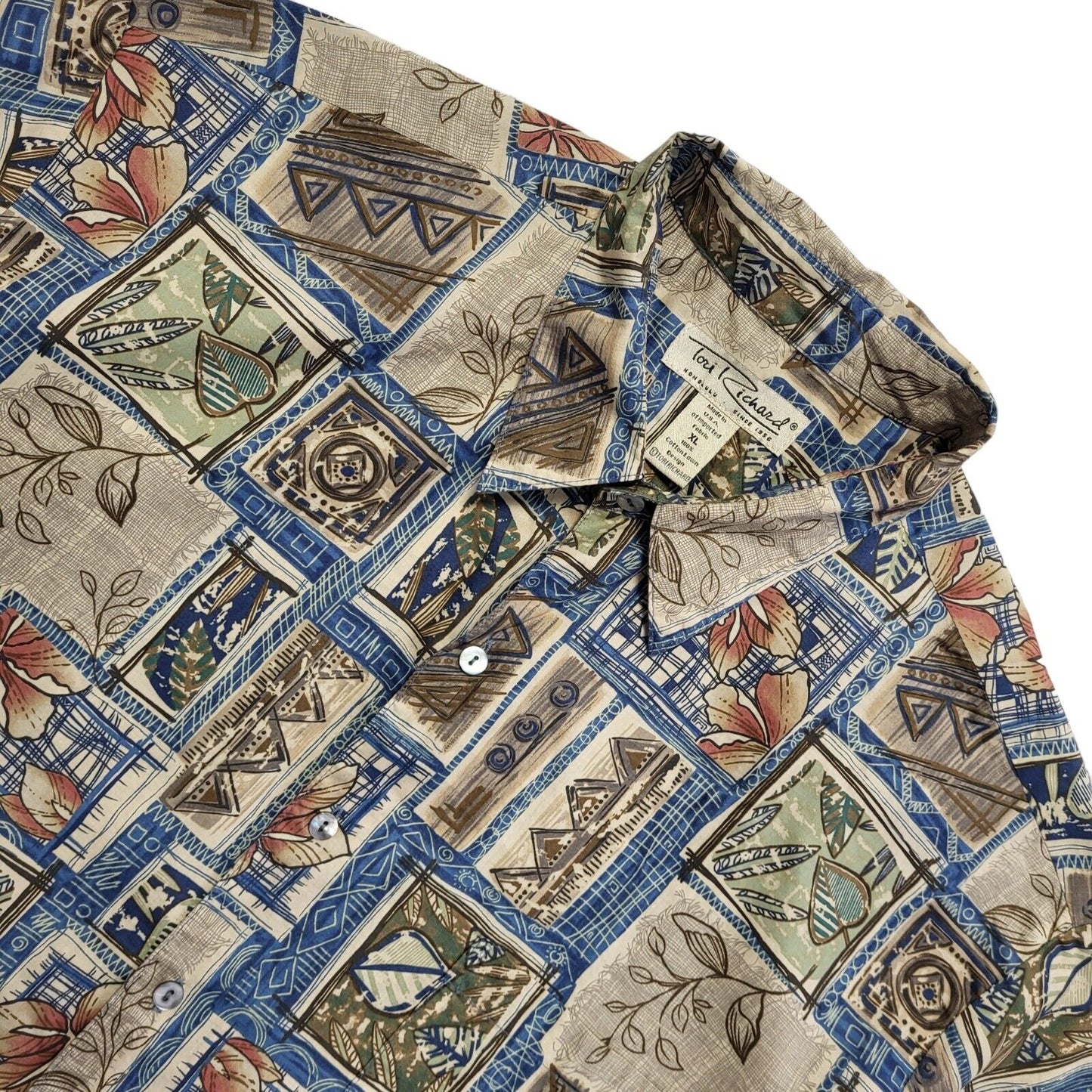 Tori Richard Vintage 90's Beige Blue Abstract Short Sleeve Shirt Men's UK XL