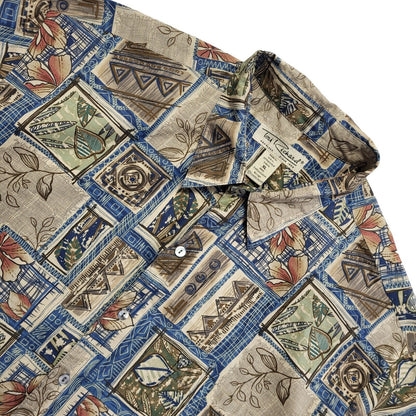 Tori Richard Vintage 90's Beige Blue Abstract Short Sleeve Shirt Men's UK XL