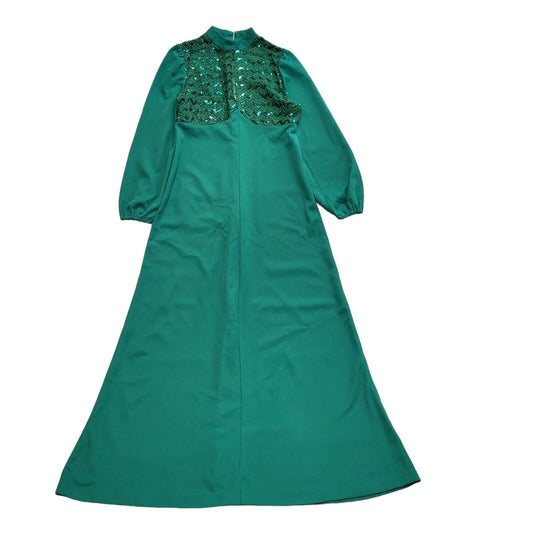 Vintage 70's Green Zip Evening Sequin A-Line  Dress Uk Women's Size 14