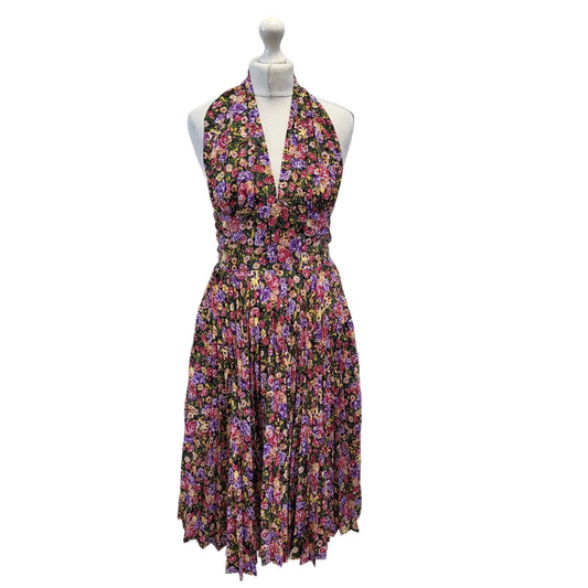 Tilers 90s Vintage Purple Floral Print Pleated Halterneck Dress Women's Size 10