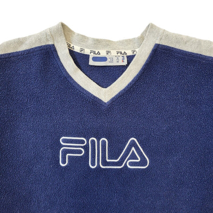 Fila Sweatshirt Vintage Y2K Blue & Grey Long Sleeve V-Neck Fleece XS