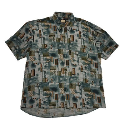 Mendoral 80's Green & Brown Retro Abstract  Short Sleeve Shirt Mens UK Size L