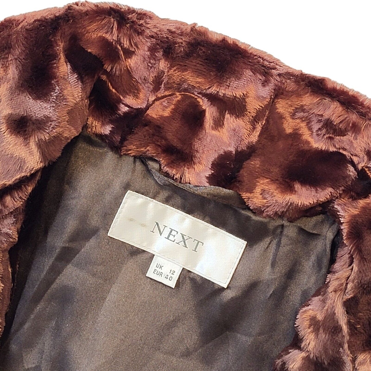 Next 90s Vintage Brown Faux Fur Button High Neck Coat Uk Women's 12
