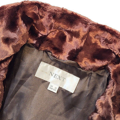 Next 90s Vintage Brown Faux Fur Button High Neck Coat Uk Women's 12