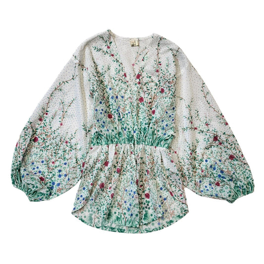 70s Vintage White Green Floral Blouse Long Sleeve Women's UK 12