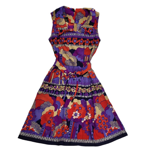 70s Vintage Len Vogue Melbourne Purple Belted A-Line Dress Women's 10