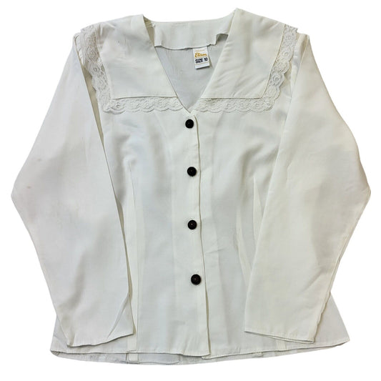 Etam 80s Vintage White Button Up Collared V-Neck Blouse Womens Size 10