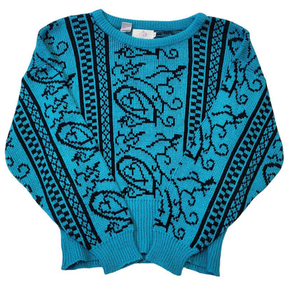 GB 80s Vintage Blue & Black Sparkle Retro Round Neck Jumper Women's Medium.