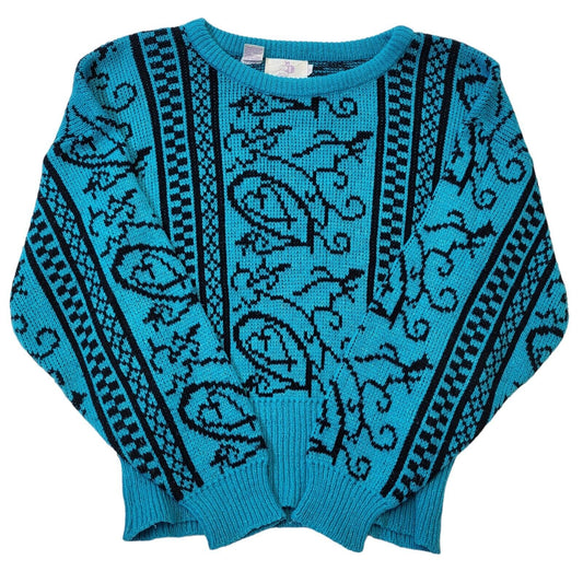 GB 80s Vintage Blue & Black Sparkle Retro Round Neck Jumper Women's Medium.