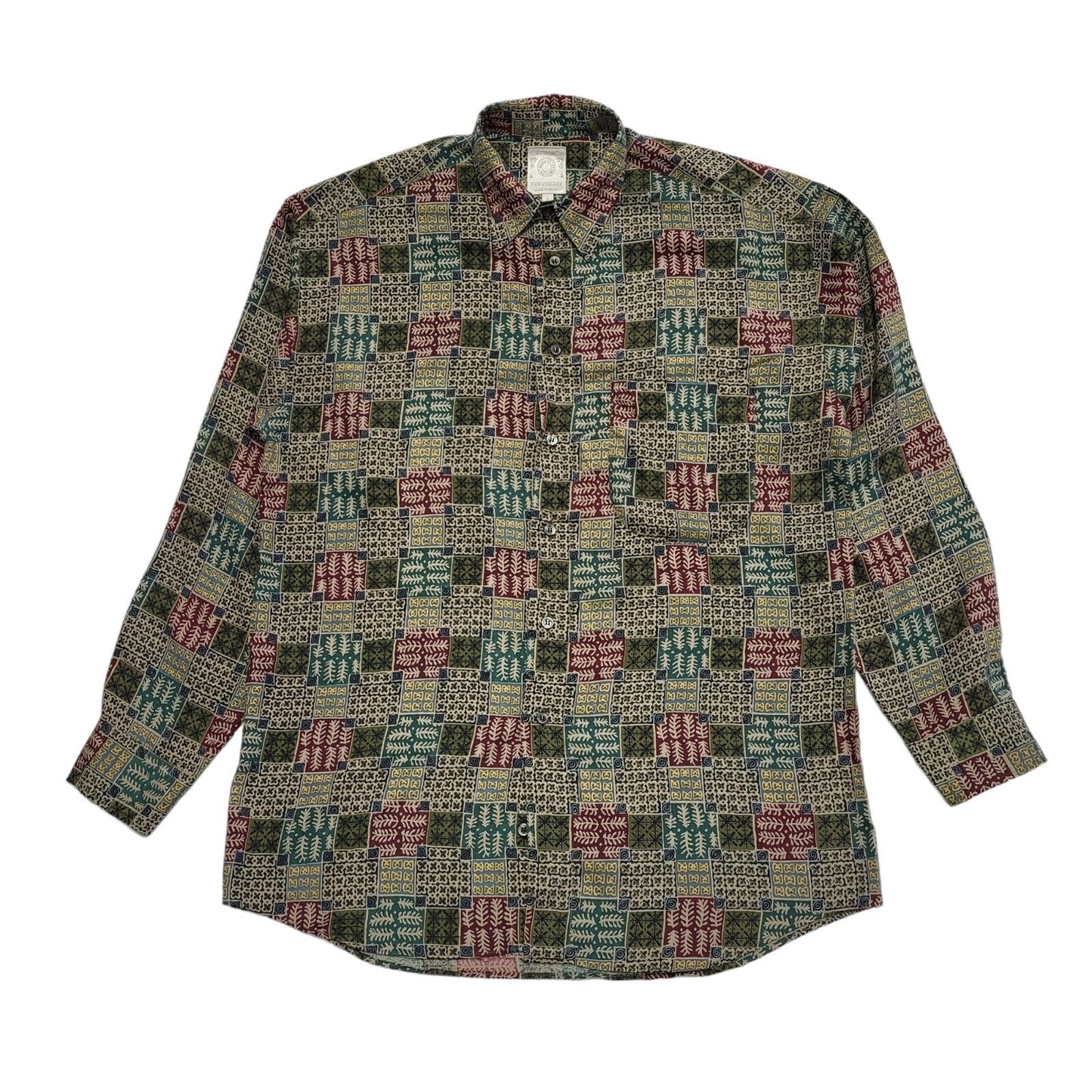 St Michael 90's Green & Red Patterned Viscose Shirt Uk Men's UK S