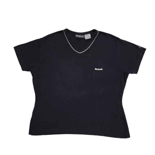 Reebok 90s Vintage Navy Blue V-Neck Cropped T-shirt Top Women's UK Size Medium