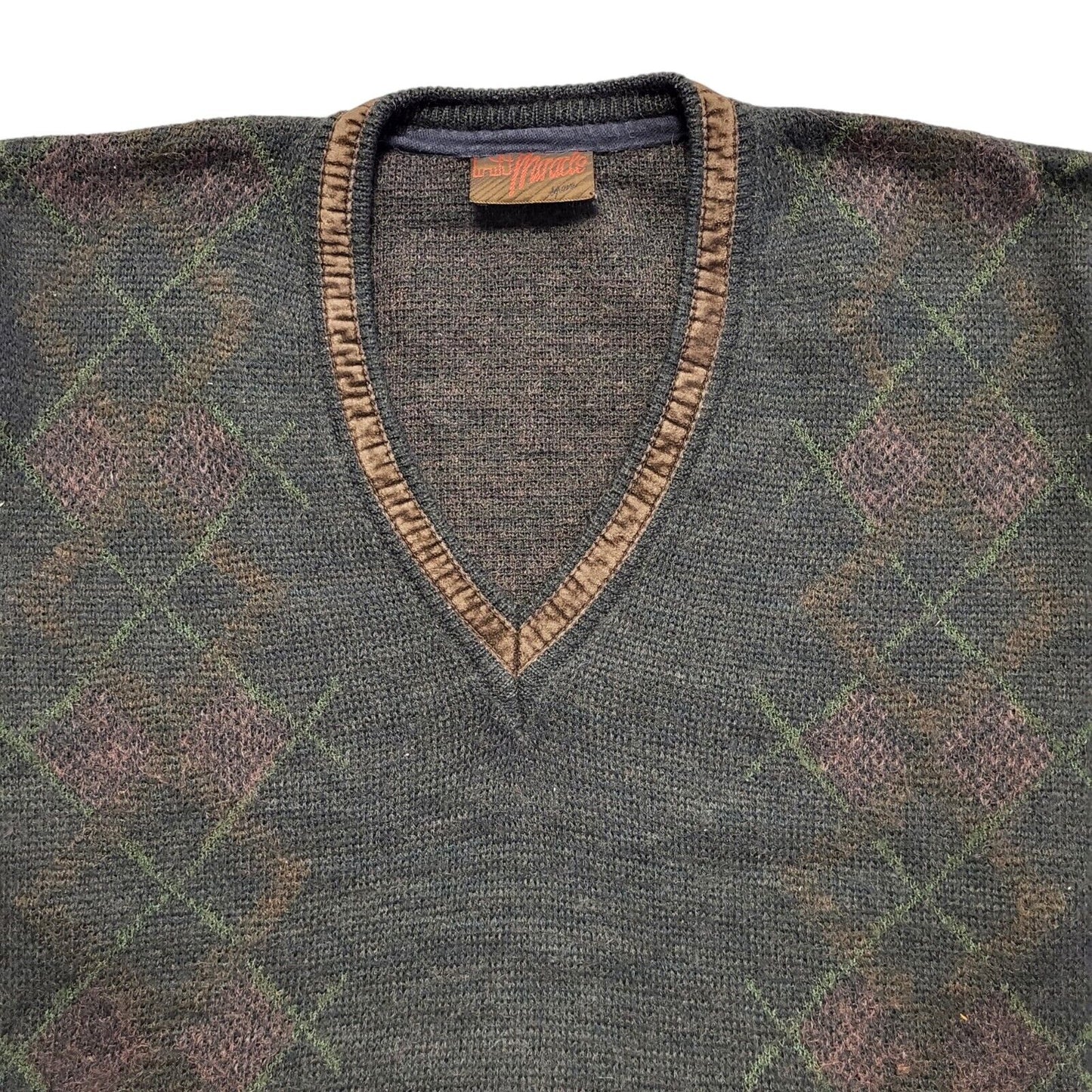 Miracle Vintage 80s Brown Geometric V-Neck Jumper Men's UK XL
