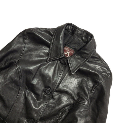 Double A 90s Vintage Black Button & Belted Leather Coat Uk Women's Size 14