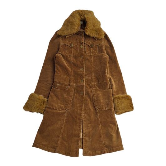 Red Cherry Brown 80s Buttons Corduroy Coat Uk Girl's Size 11 Years