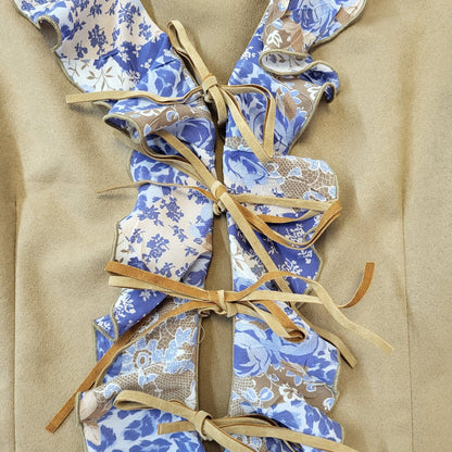 Canda 90s Vintage Brown & Blue Tie Front Ruffle Blouse Women's 12