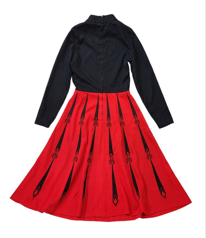 70s Vintage Black & Red Long Sleeve A-Line High Neck Dress Women's Size 8