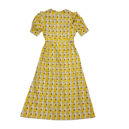 70s Vintage Yellow White Check Fit & Flare Daywear Dress Women's Size 2-4
