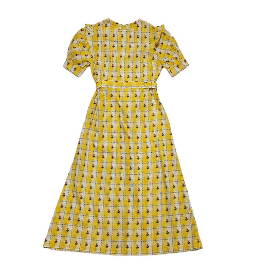 70s Vintage Yellow White Check Fit & Flare Daywear Dress Women's Size 2-4