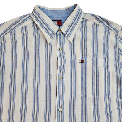 Tommy Hilfiger 90's White & Blue Striped Short Sleeve Shirt Uk Boy's Size L