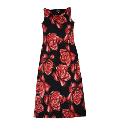 Gina Bacconi Vintage 90s Red Black Floral Sleeveless Dress Uk Women's Medium