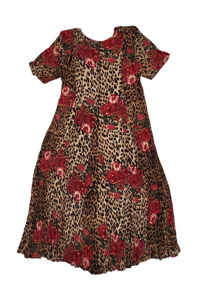 80s Vintage Pretty Pink Brown Leopard Print Fit & Flare Daywear Dress Women's L