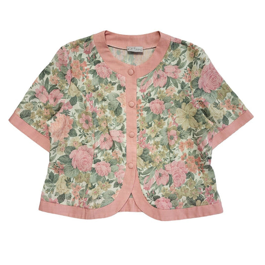 Chemmi Vintage 80's Short Sleeve Pink & Green Floral Shirt Womens UK 22
