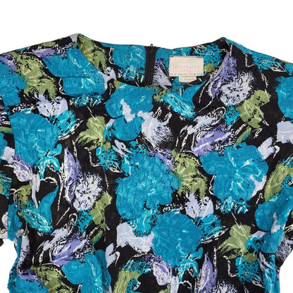 80s Vintage Kristen Blue Floral Fit & Flare Belted Daywear Dress Women's 10