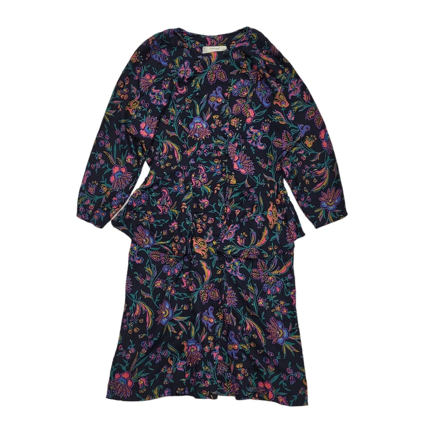 St Michael 70s Vintage ONavy Purple Peplum Buttoned Long Sleeve Dress Women's 14
