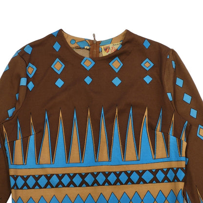 Ducale 60s Vintage Brown Blue Long Sleeve Geometric Shift Dress Women's Size 10