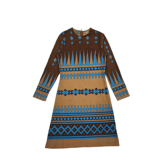Ducale 60s Vintage Brown Blue Long Sleeve Geometric Shift Dress Women's Size 10