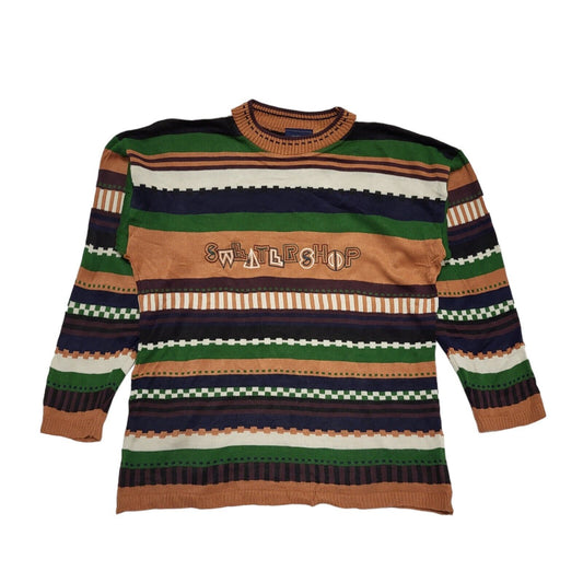 Sweater Shop 80s Coogi Vintage Green Brown Striped Jumper Uk Women's Size XL