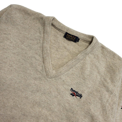 Reebok Golf 90s Vintage Cream V-Neck Long Sleeve Jumper Mens UK Medium