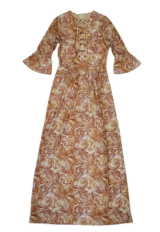 70s Vintage Orange & White Patterned Maxi Dress Women's Size 6
