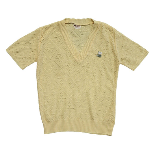 Vintage 80's Yellow Short Sleeve V-Neck Top Womens UK Size 8