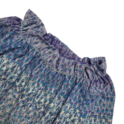 70s Vintage Blue Sparkly Striped Off Shoulder A-Line Daywear Dress Women's 12-14