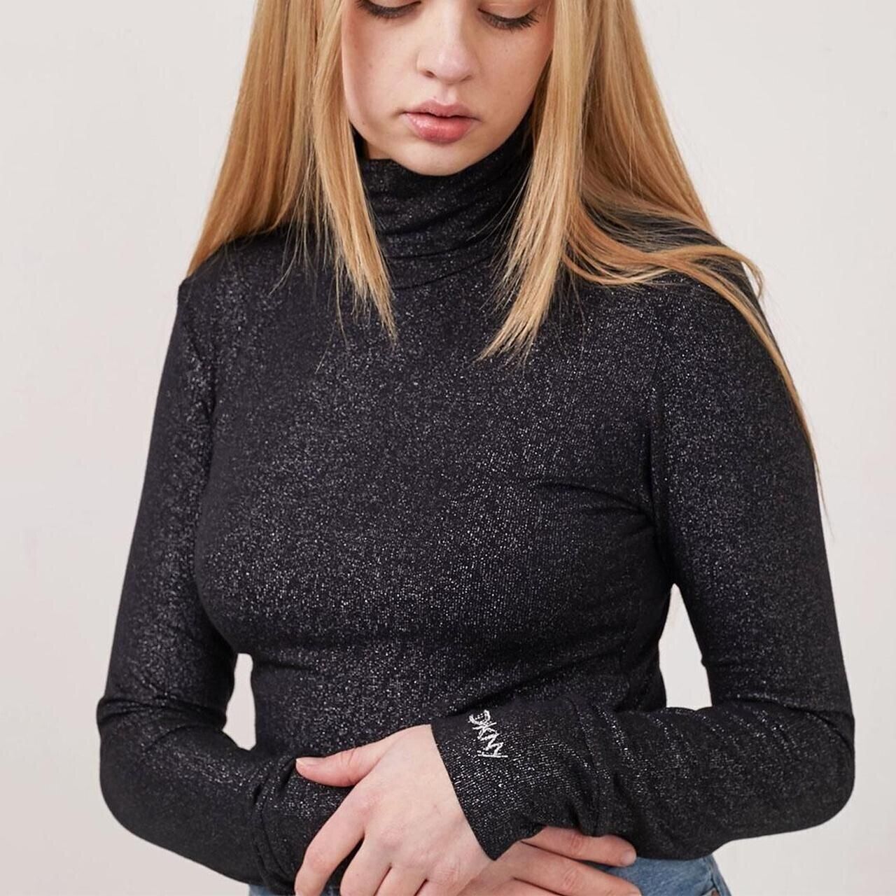 DKNY Vintage 90's Black & Silver Roll Neck Long Sleeve Top Womens UK Size 14