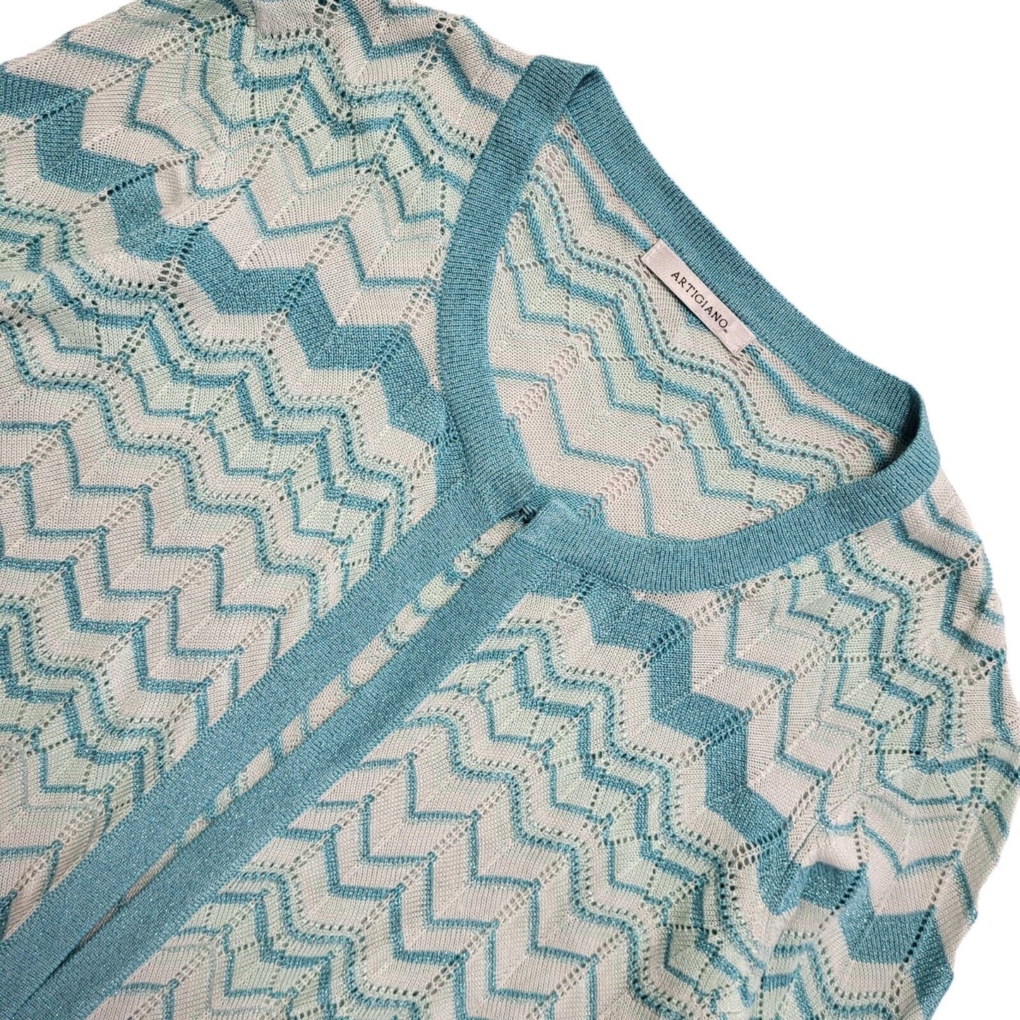 Artigiano Vintage 90's Blue Zig Zag 3/4 Sleeve Cardigan Womens UK M