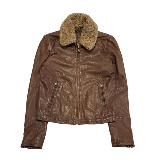 Y2K Brown Zip Up Fur Collared Leather Jacket Women's Size Small