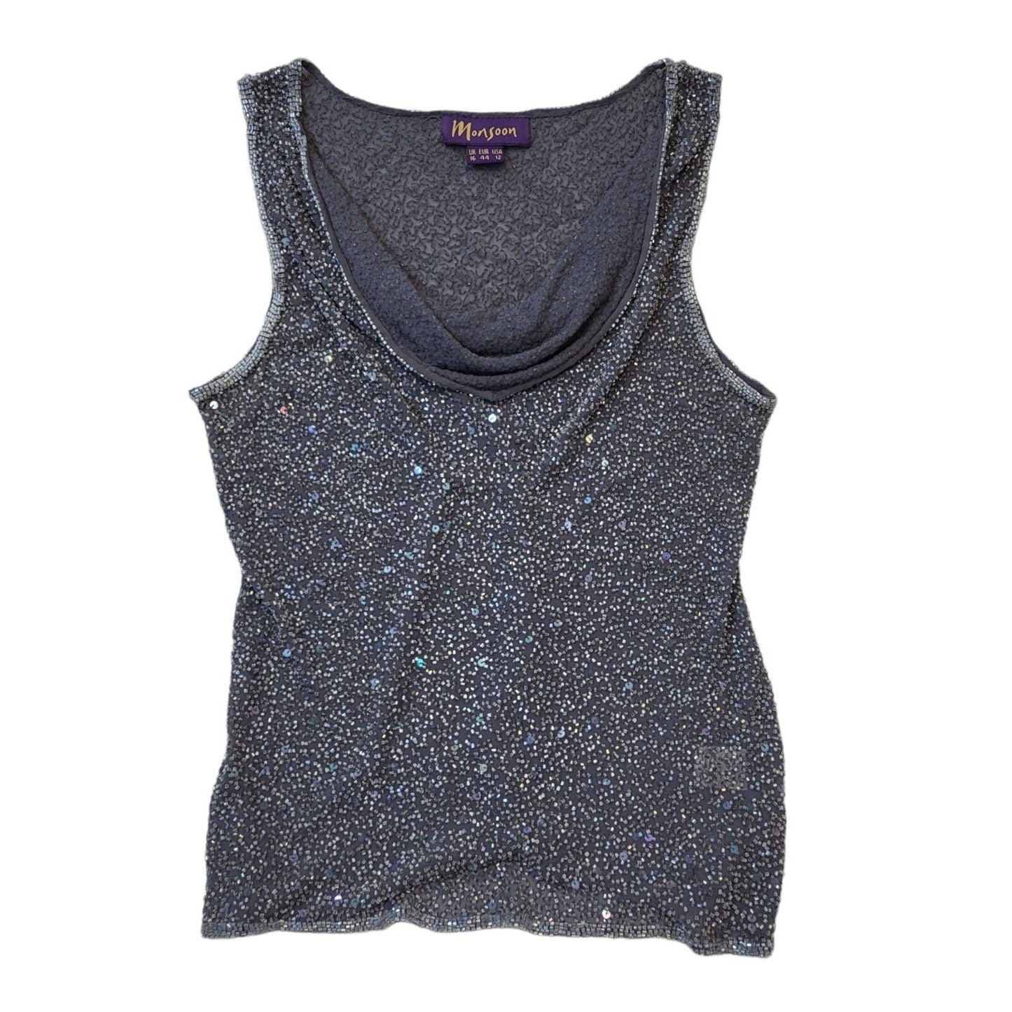 Monsoon 90s Vintage Grey Cowl Neck Beaded Sequin Vest Top Women's UK Size 16