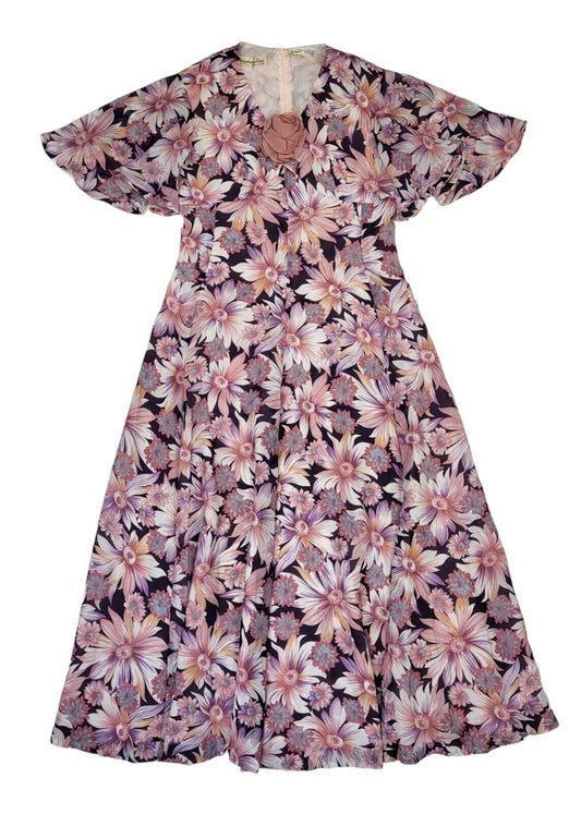 Desmoulins 70s Vintage Pink Floral V-Neck Maxi Dress Women's Size 16